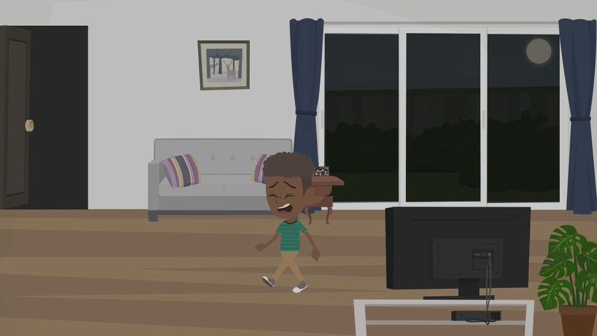 An animated Neil going into a dark room by himself at night