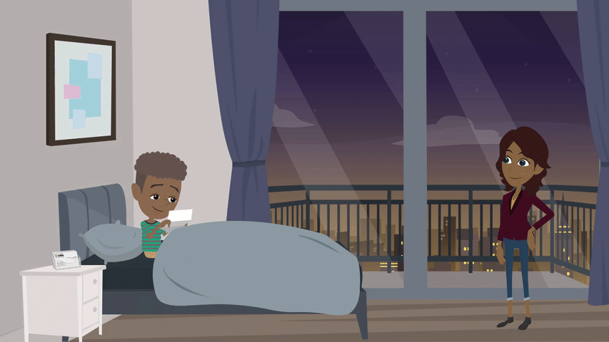 An animated Neil reading her coping skills cards with his mother