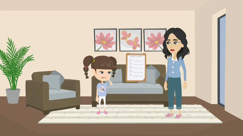 An animated Sally washing her hands in a restroom.