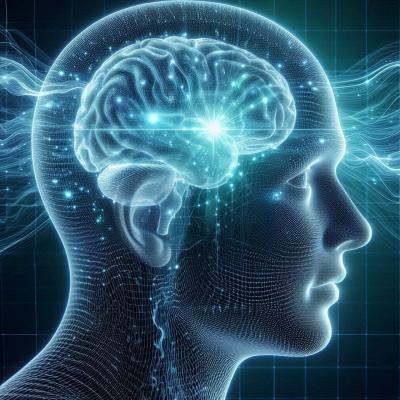 A blue drawing on a dark background showing a brain inside the outline of a persons head with pinpoints of light to indicate activity.