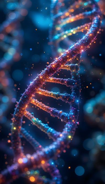Drawing of DNA with colorful sparkles throughout to represent how psychodelics could be linked to antiaging properties. 