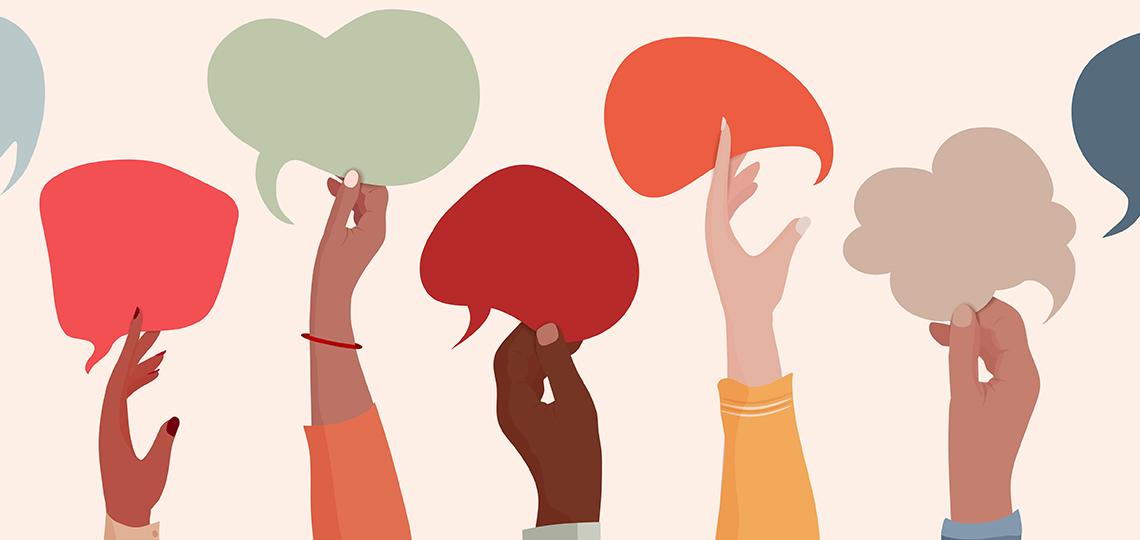 An illustration of hands holding up caption bubbles to show communication.