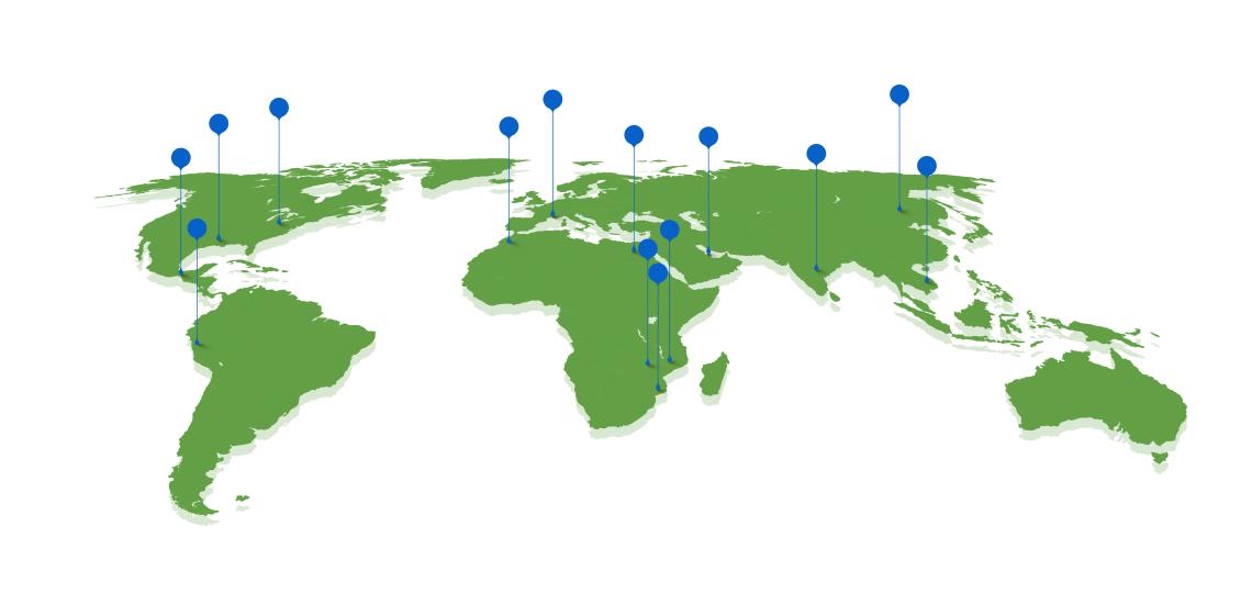 An illustrated map of the earth's continents with a variety of pinpoints placed in different places.
