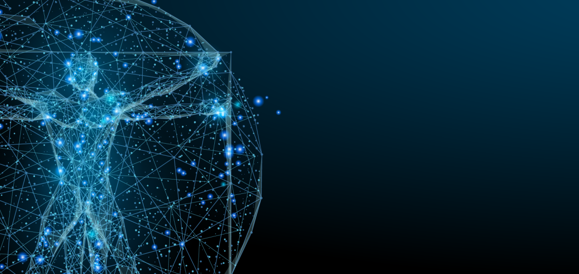 A digital representation of Leonardo da Vinci's Vitruvian Man, composed of interconnected blue lines and dots, forming a wireframe structure.