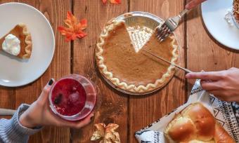 A spread of Thanksgiving food and drink.