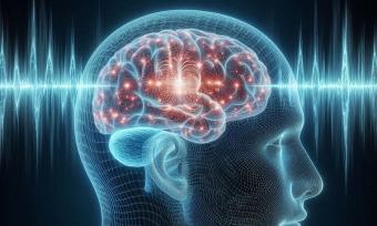 Drawing of a translucent head showing the brain with brainwaves across the entire image.