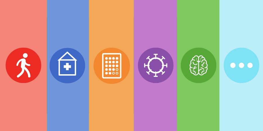 A multi-colored set of vertical strips, each with an icon inside representing a person, a hospital, a calendar, a virus, the human brain and an ellipses. 