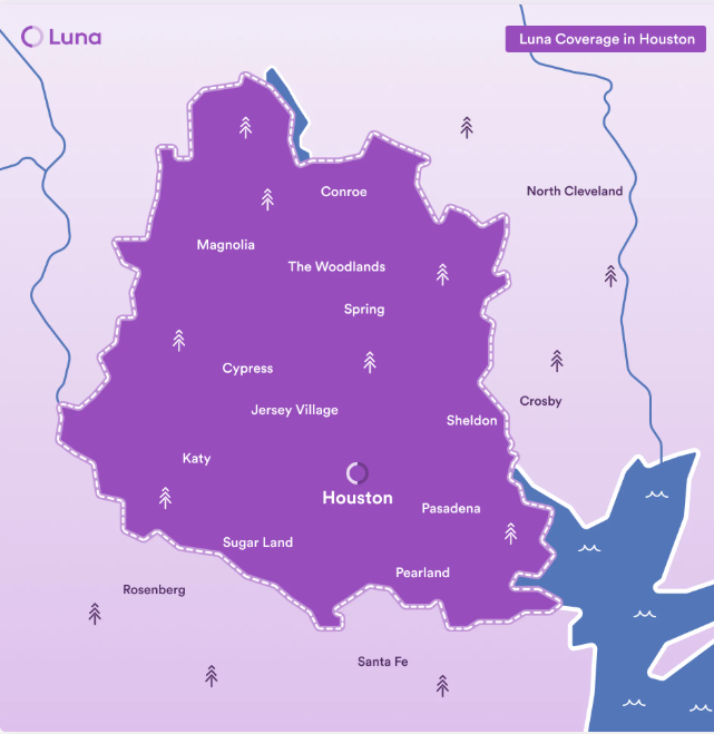 A map titled “Luna Coverage in Houston” showing a purple coverage area around Houston and nearby cities such as Conroe, The Woodlands, Spring, Cypress, Katy, Sugar Land, Pasadena, and Pearland.