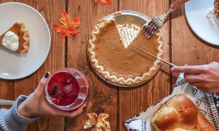 A spread of Thanksgiving food and drink.