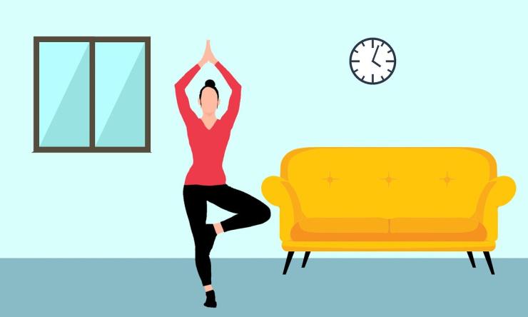 Ilustration of a woman exercising in her living room. 