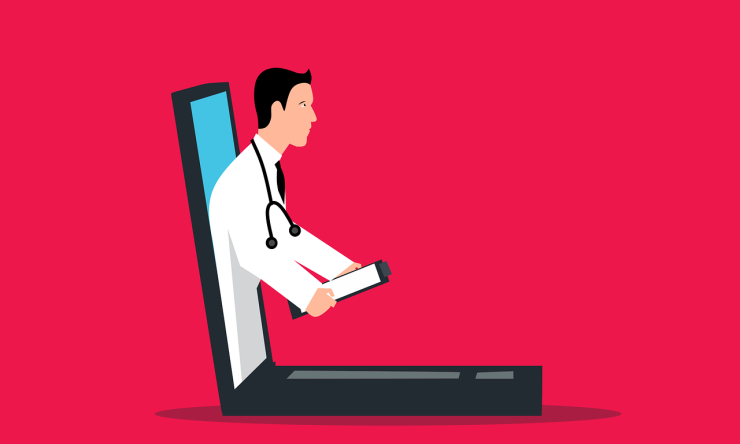 Drawing of a doctor stepping out of a laptop screen to represent AI diagnosis