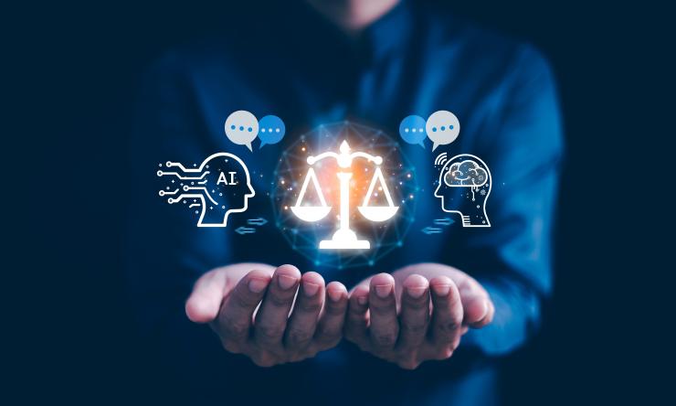 man holding imaginary scales balanced between AI and human