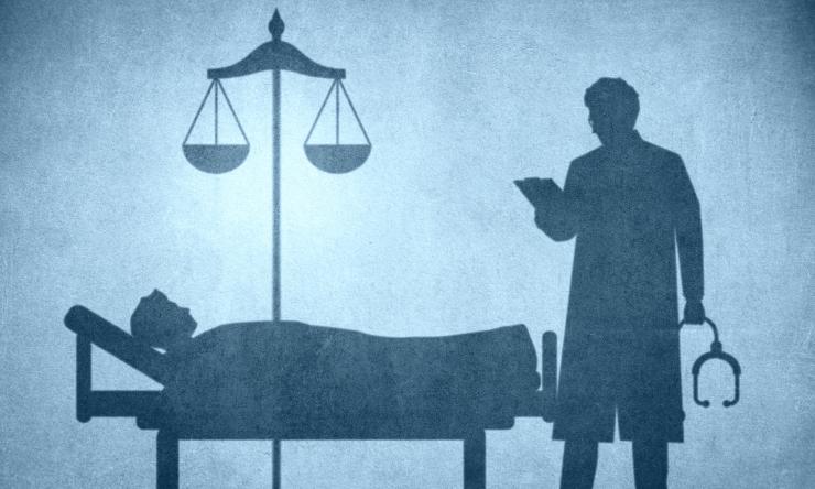 silhouette of doctor and patient between scale 