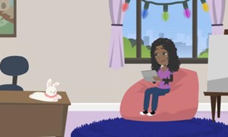 Sophia is sitting on a bean bag in her room, doodling on her tablet. 