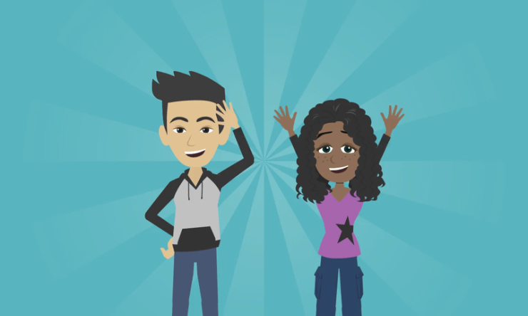 a girl and boy waving hi in front of a blue background