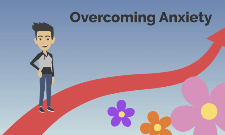 A boy standing at the beginning of a winding red arrow under text that reads "Overcoming Anxiety"