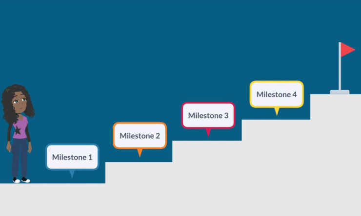 a girl standing at the bottom of steps with milestone numbers