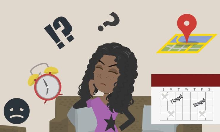 a girl with various anxieties above her, looking annoyed