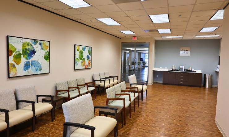 The image shows the new waiting area at the Baylor Medicine Orthopedics and Sports Medicine clinic in Sugar Land. 
